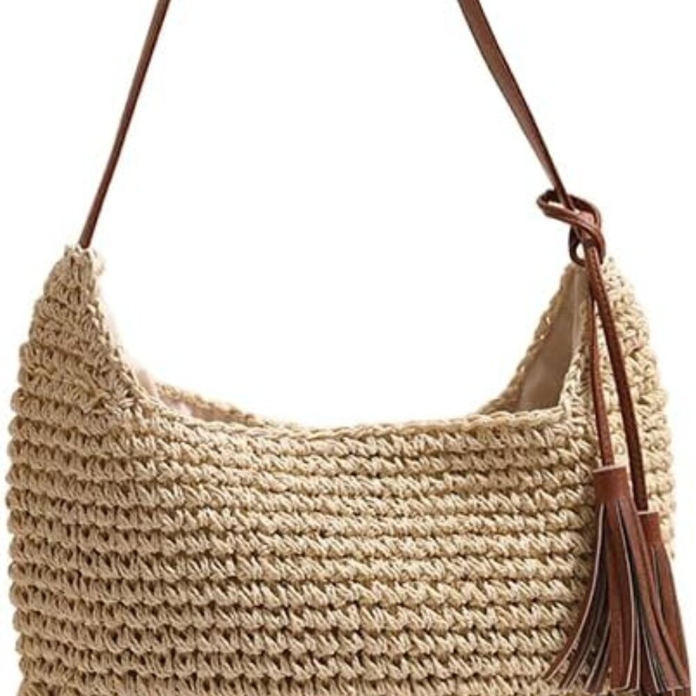 Women's Straw Woven Tote Bag Handmade Crochet Beach Vacation Shoulder Bag - Picture 1 of 8